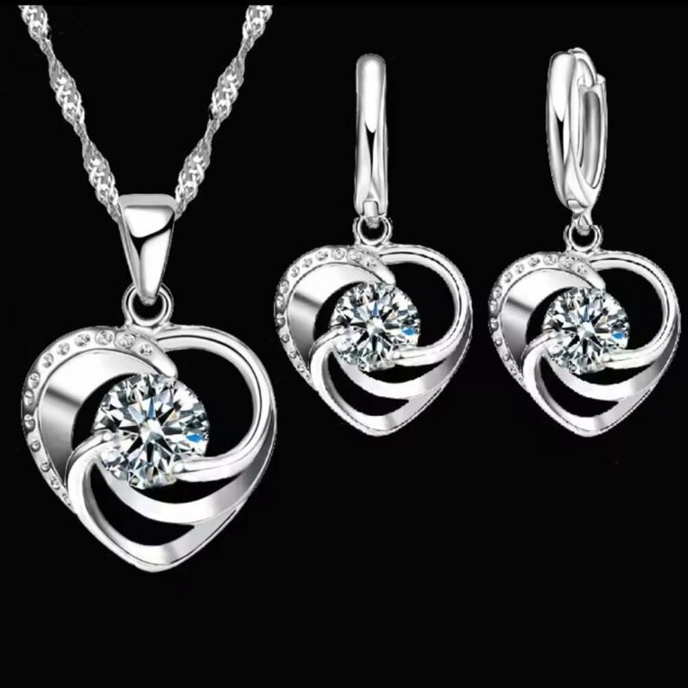 925 Sterling Silver Swirl Heart CZ Diamonds Necklace Earrings Set Valentines NEW